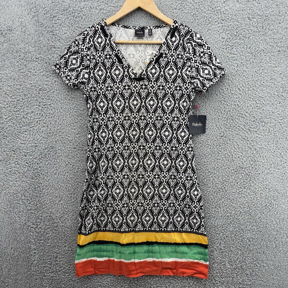 Rafaella A-Line Dress Women S Multicolor Striped Geometric Cotton V-Neck NWT